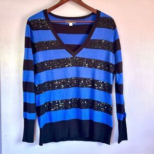 New York & Company Blue and Black Sequin V-Neck Sweater